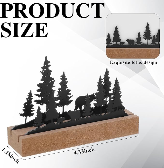 CroBlissful 2 Pcs Bear Business Card Holders for Desk, Wood&metal Black Cabin Bear Forest Silhouette Business Card Display Stand for Home Office