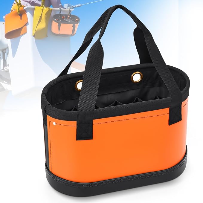 Oval Hard Bucket Tool Organizer, Utility Plastic 14 Pocket Polypropylene Tool Bucket Bag with Hook and Drain Holes for Home Garage Light Trade Lineman Tools, Without Stand