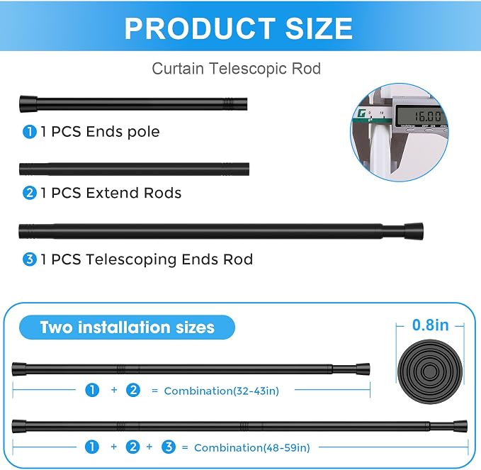 1 Pack Spring Loaded Tension Rod 48-59" Adjustable Curtain Rods No Drill Extendable Spring Rod Tension Curtain Rods For Window Kitchen Shelves Rv Refrigerator And Small Spaces,Black