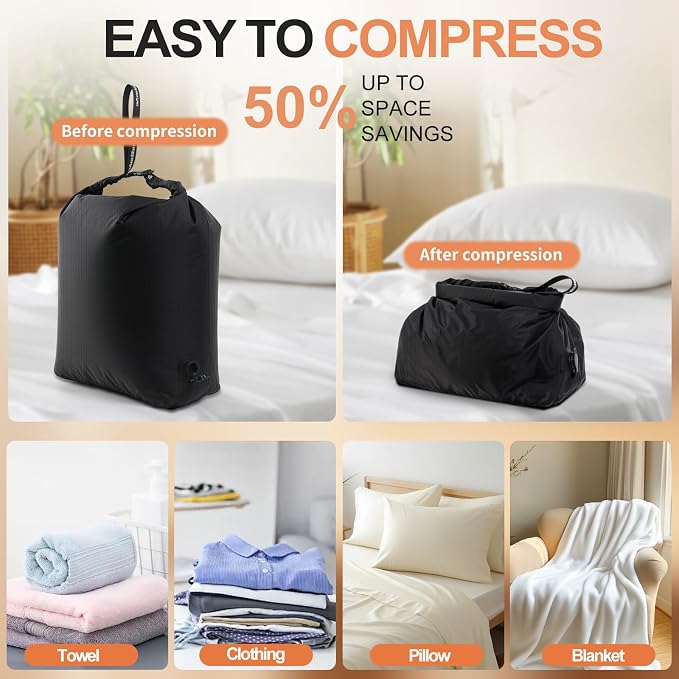 Travel Laundry Bag, Pump Free Vacuum Compression Dirty Clothes Bag Reusable Wet Dry Bags Large Capacity Space Saver Bags Camp Washable Clothes Organizer for Sports Dorm Laundromat (1 Pcs) (Black, L)