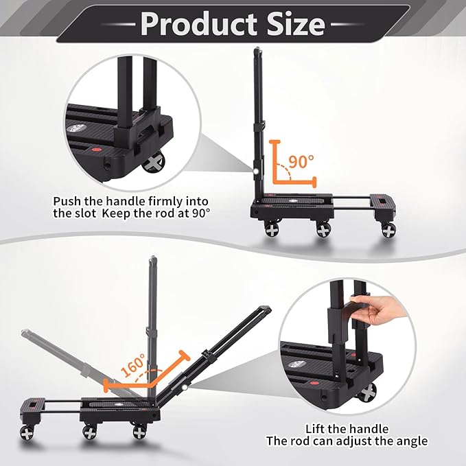 Folding Hand Truck Lightweight Hand Truck Dolly Foldable,Luggage cart with 6 Rotate Wheels, Utility Cart with Adjustable Handle,Collapsible Dolly for Moving (Black)