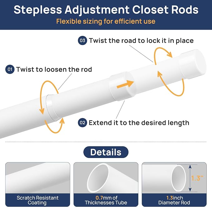 ENJOYBASICS Closet Rods for Hanging Clothes, 17 to 67 Inches Stepless Adjustable Closet Pole, 1.3 Inches Heavy Duty Clothes Rod for Wardrobes, Bathroom, Laundry and Windows, White