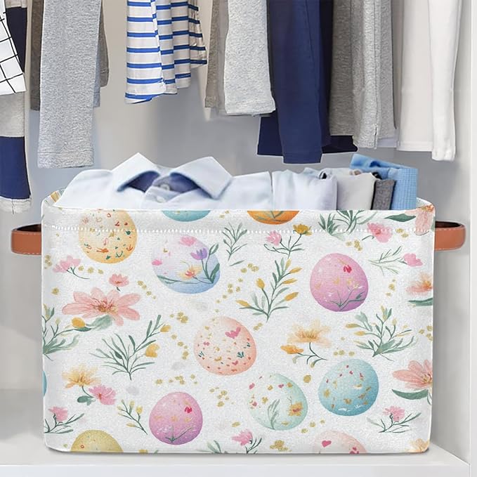 Cube Storage Bins for Shelves, Easter Eggs Flower Print Collapsible Fabric Toys Storage Basket Box with Handles for Home Office Bedroom Closet