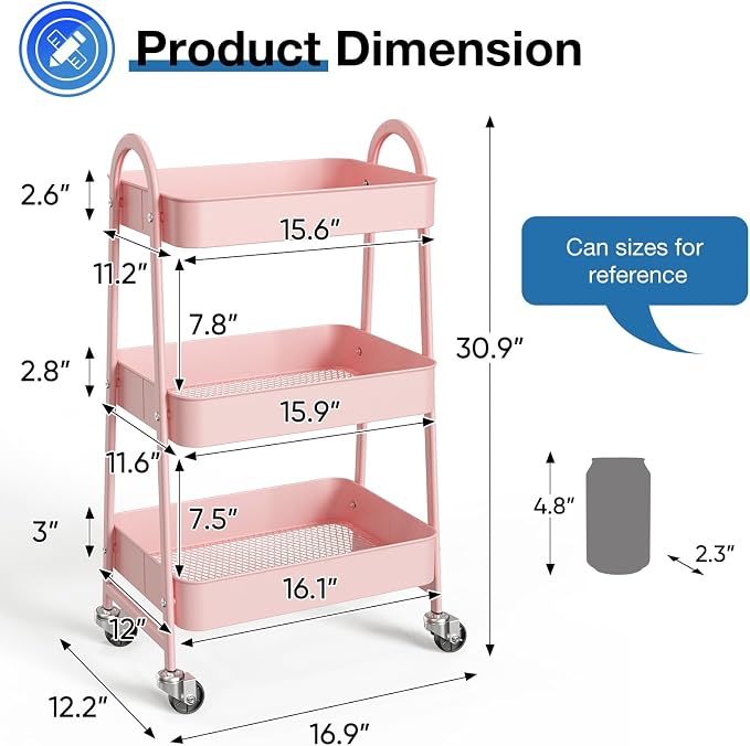 DUMOS 3 Tiers Rolling Cart, Utility Cart, Metal, Pink | Mobile Storage, Lockable Wheels, Utility Shelving Unit, Kitchen, Bathroom, Laundry, Narrow Places