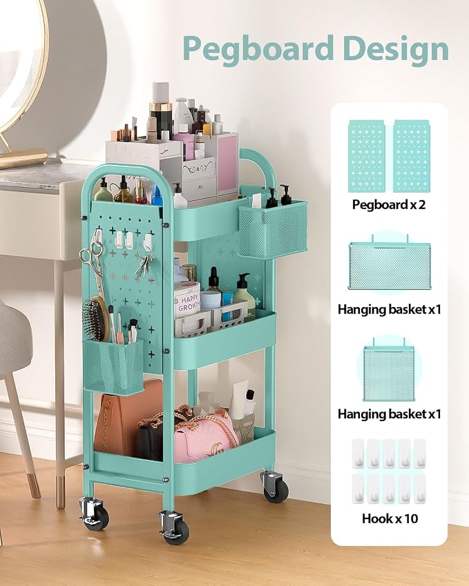 ALVOROG 3 Tier Metal Rolling Utility Cart with Pegboards,Baskets,Hooks,Blue | More Storage Craft Cart with Pegboards,Lockable Wheels,Hooks & Baskets to Organize Kitchen,Office,Bedroom and DIY Supplies