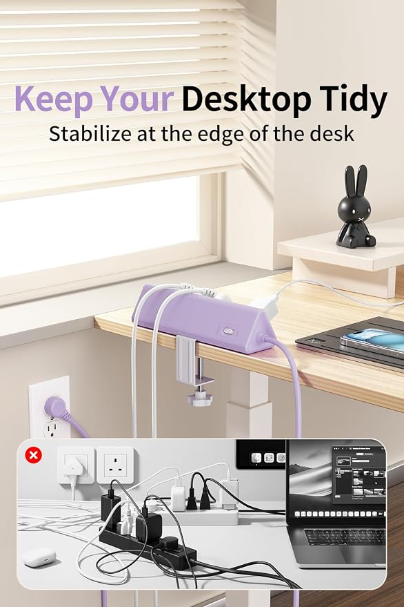 6.5 FT Desk Clamp Power Strip with 5 AC Outlets & 6 USB Ports PD 40W USB-C Fast Charging, Extension Cord with Multiple Outlets, Fits 2.1 in top Edge Purple