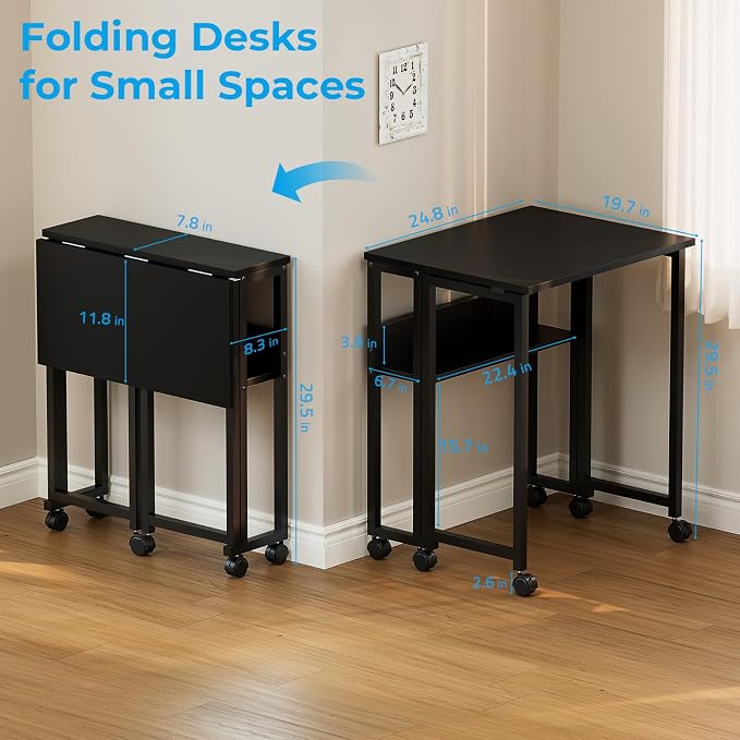 GreenForest Folding Desk with Wheels, 24.8" Rolling Table for Small Spaces | Storage Shelf, Lockable Casters, Compact Portable Workstation, Space-Saving Foldable Sofa Table, Home Office, Mobile, Black