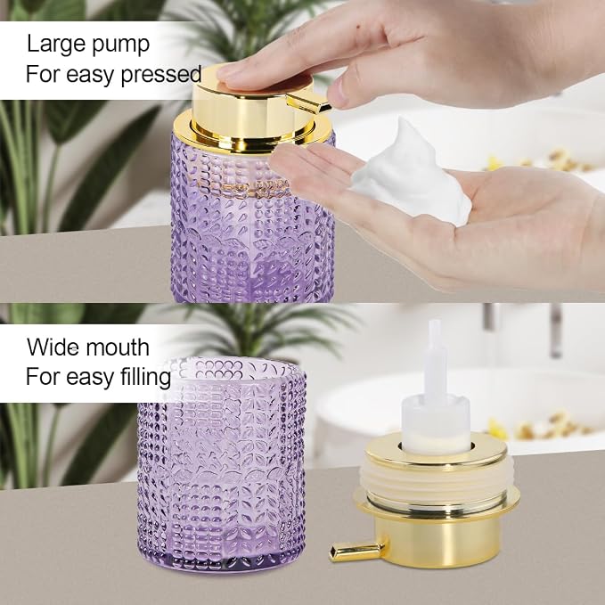 Foaming Soap Dispenser, Purple Glass Foam Soap Dispenser with Gold Pump, Refillable 10oz Lotion Liquid Container Pump Bottle for Bathroom Kitchen Countertop