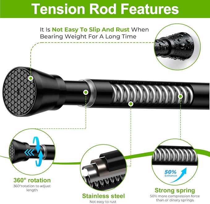 HAOYUNIE 2 Pack Tension Curtain Rods, 30-63 Inches Adjustable Spring Tension Rods, No Drill No Slip, for Windows, Doorway, Bathroom & Closet (black)