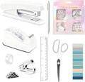 Dimonluce Office Desk Accessories, White Office Supplies Accessories with Tape Dispenser, Stapler, Staple Remover, 1000 Staples, Tape, Clips Set, Ruler, Scissor, Pen