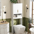 VINGLI Over The Toilet Storage Cabinet White, Modern Bathroom Organizer with Fluted Doors, Freestanding Wooden Space Saver Stand with Adjustable Bottom Bar for Laundry, Gold Handles