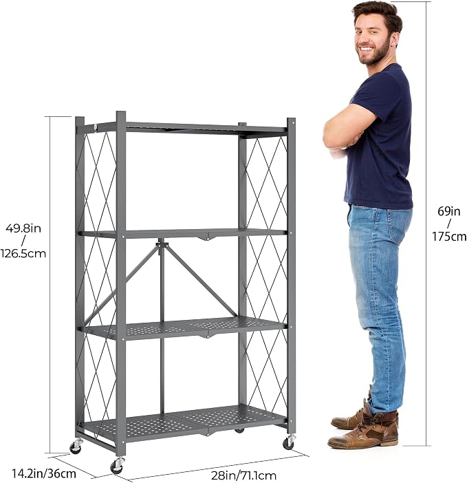 Fenbeli 4 Tier Folding Storage Shelf with Wheels, Heavy Duty Metal Shelving Unit No Assembly, Foldable Rolling Storage Rack 600 LBS Capacity, Locking Casters for Garage Kitchen Pantry(Gray, 4 Tier)