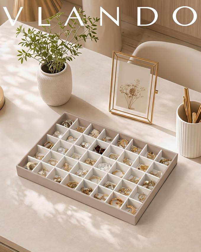 VLANDO Stackable Jewelry Tray, Drawer Organizer, 40-Grid Display,Toffee | 40 Compartments, Soft Velvet Lining, Drawer Organizer, Easy Sorting for Rings, Studs, Charms, Gift for Women Girl