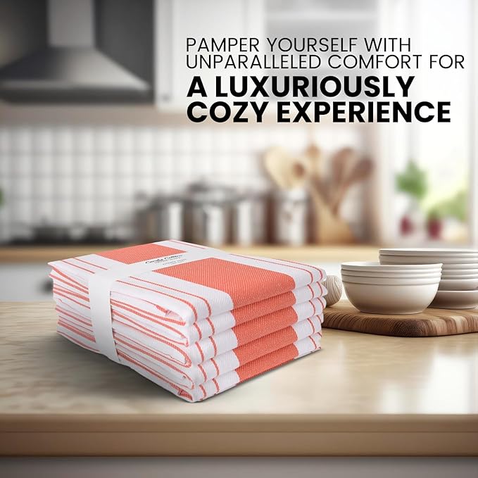Stripe Kitchen Towels Decor Mordern Design Centreband Tea Dish Towels Boho Stripe Absorbent Festive Gift Set of 6 Pantry Reusable Kitchen Dish Towel|Easter Spring Decor 18x28 Inch Coral