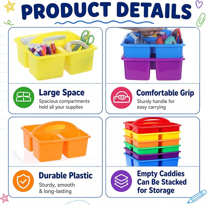 6 Pack Colorful Classroom Caddy Organizer with Composition Notebook Label Stickers 3 Compartments Teacher Supply Storage Caddy Table Caddies Holder for Classroom Desk Office Craft Art School Supplies