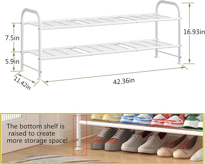 LINZINAR 2 Tier Long Shoe Rack for Closet Metal Shoe Organizer for Entryway | Spacious design stores 15+ pairs of shoes,durable metal frame,space-saving organizer for closet, hallway, and Entryway White