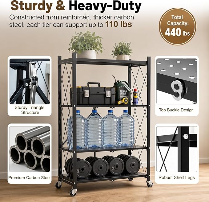 4 Tier Foldable Storage Shelves on Wheels, Heavy Duty Metal Shelving Unit, No Assembly Required for Kitchen, Garage, Pantry, Basement, Bookshelf, Black
