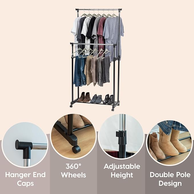 IRIS USA Double Rod Rolling Clothes Rack, Height Adjustable, Black | Adjustable hanging space for garments, accessories, and storage needs with smooth mobility