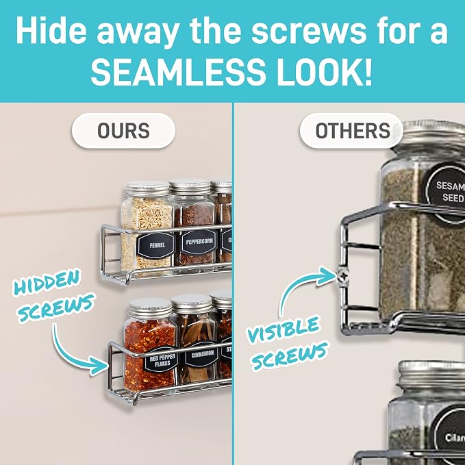 Ultimate Hostess Spice Rack Wall Mounted 4 Tier – Space-Saving Kitchen Spice Organizer for Seasonings – Screw or Adhesive Hanging – Wall Mount Hanging Spice Rack for Wall, Cabinet, Pantry Door
