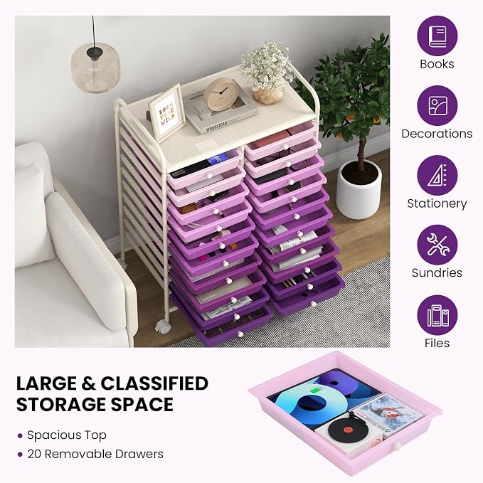 LDAILY 20-Drawer Rolling Storage Cart, Rolling Storage Cart, Storage Organizer on Wheels, Metal Frame, Scrapbook Paper Tools, Suitable for Office School, Classroom (Gradient Purple, 20 Drawer)