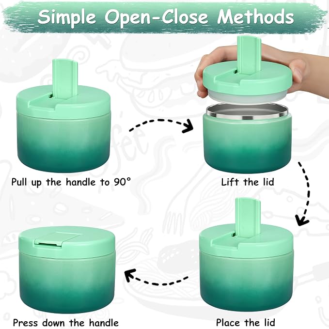 Pawtong 12oz Insulated Vacuum Food Jar with Buckle Lid Wide Mouth Soup Thermo for Hot Food Kids Leakproof Stainless Steel Lunch Container (Gradient Green, 12OZ)