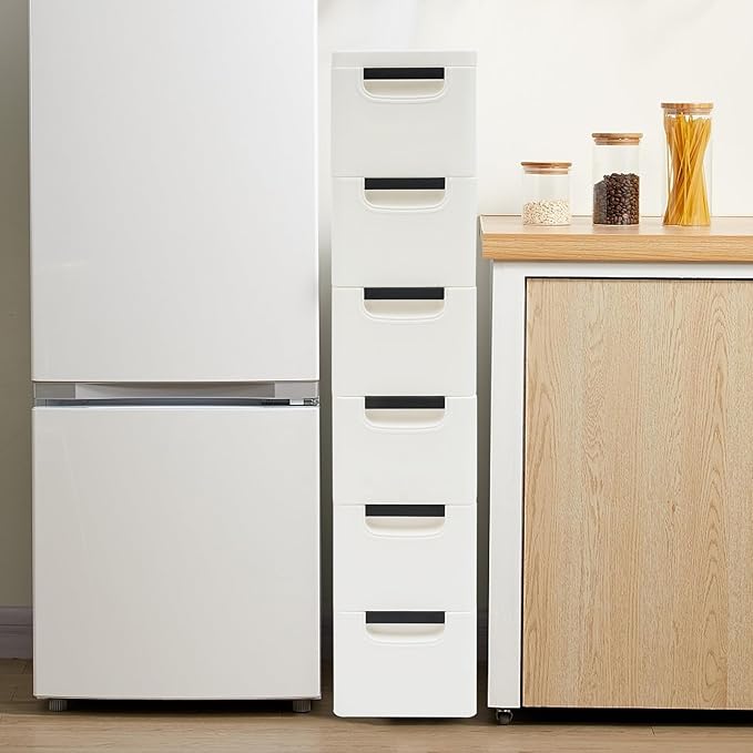 6 Drawers Narrow Storage Cabinet, Stackable Plastic Storage Tower Slim Utility Organizer for Kitchen Bathroom Living Room Office (White)