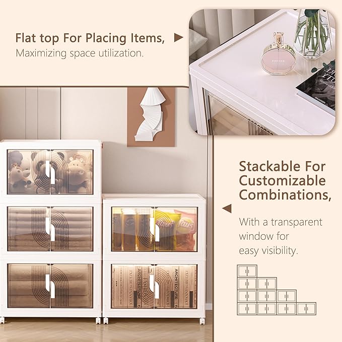 Kozyard Foldable Storage Bins with Lids Stackable Storage Bins with Doors and Wheels Magnetic Dual-Opening Doors Storage Containers for Bedroom, Living Room, Closet, Laundry (White-3Pack)