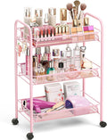 TOOLF 3 Tier Rolling Cart Pink - Metal Storage Organizer with Wheels, 33 lbs Shelf Capacity, Easy 5-Min Assembly, for Girls Room Bathroom Kitchen Office Nursery, Compact Design for Small Spaces, Pink