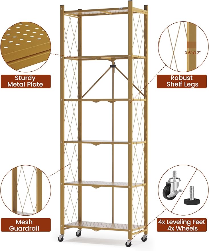 ALANNG 73.6 Inch Folding Bookshelf, 6 Tier Metal Bookcase and Bookshelves | Tall Shelves for Living Room Office Bedroom, Heavy Duty Book Shelve Free Standing Open (Gold, 1PACK)