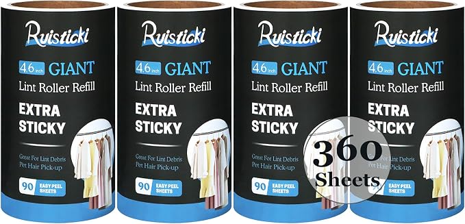 4.6 inch Giant Roller Refill for Evercare All-Purpose Giant Lint Rollers and T Handle Lint Roller 90 Sheets Each Refill, 4 Pack, 360 Sheets Total