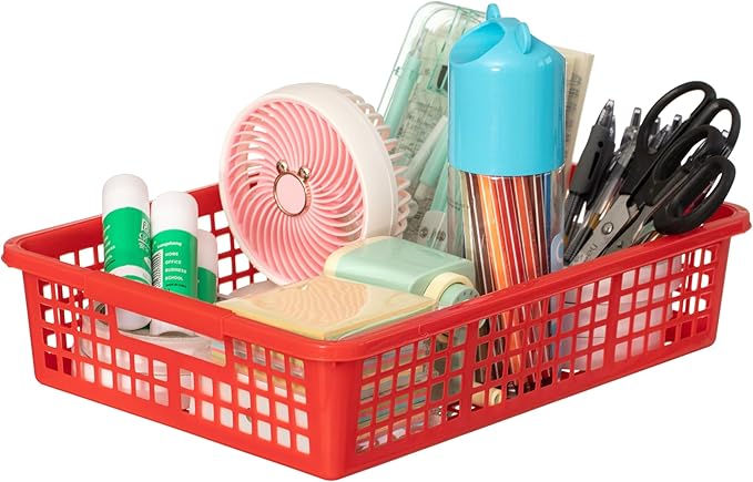 Basicwise 6-pc Assorted Colors Plastic Storage Basket Stackable Organizers for Paper Books Craft Supplies Pantry Items or Classroom Use Multi-Purpose Desk Accessories for Home School Daycare or Office