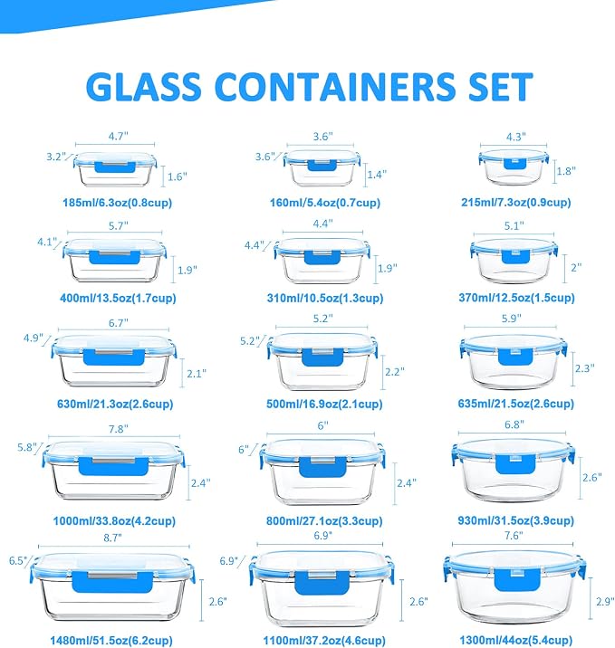 30 Pieces Glass Food Storage Containers, Meal Prep Set with Snap Locking Lids, Airtight lunch Containers, BPA-Free, Microwave, Oven, Freezer & Dishwasher Friendly,Blue