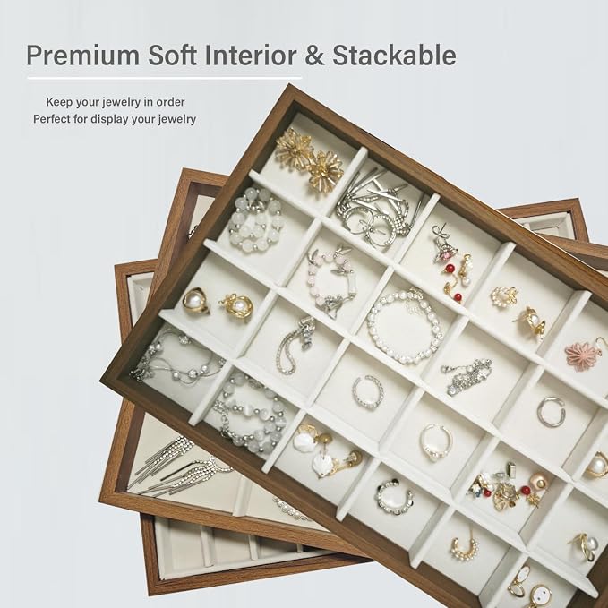 Large Jewelry Trays for Drawers Stackable Velvet Jewelry Display for Vendors Jewelry Drawer Organizer Inserts for Rings Necklace Bracelets Earrings and Studs Earrings (Beige, 24 Grid)