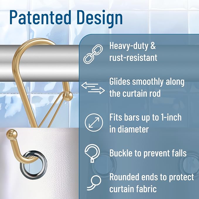 12 Decorative Metal Shower Curtain Hooks, S-Shaped Hooks with Anti-Fall System, Rust-Proof Shower Rings with Safety Buckle, Fits Rods Up to 1-Inch Diameter (S, Gold)