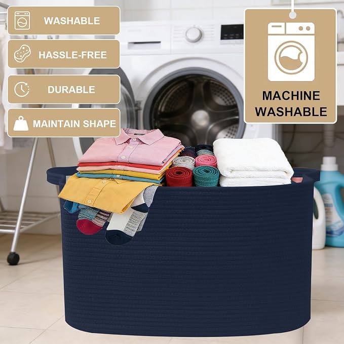 65L Collapsible Woven Rope Laundry Basket with Handles,Navy | 21x16x12 Foldable Rectangular Blanket Basket for Toys, Clothes & Pillows,Ideal for Nursery, Bathroom, Bedroom, Living Room