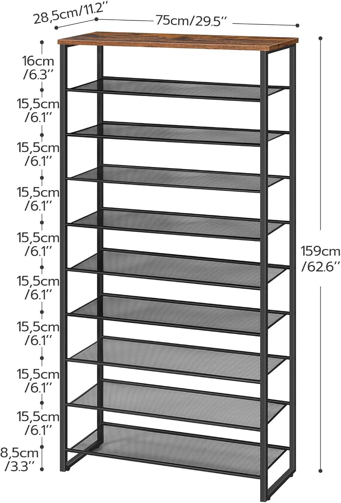 HOOBRO 10-Tier Shoe Rack for Entryway, 29.5" L Shoe Storage Organizer, Large Capacity Shoe Shelf for Closet, Front Door Entrance, Hallway, Holds 36-40 Pairs of Shoes, Rustic Brown and Black BF107XJ01