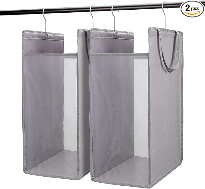 Fentec Hanging Laundry Hamper, Hanging Laundry Basket, Slim Laundry Hamper Bag with Handles, Portable Hanging Closet Hamper, Mesh Heavy Duty Hanging Laundry Bag Grey 2 Pack
