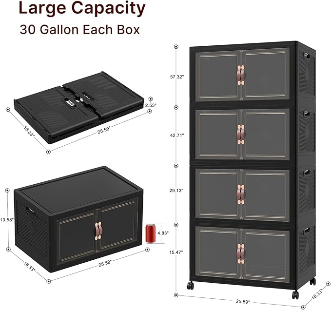Stackable Storage Bins with Lids, Collapsible Storage Boxes, Foldable Plastic Storage Drawers for Bedroom,Office, Dorm (8, Black, L)