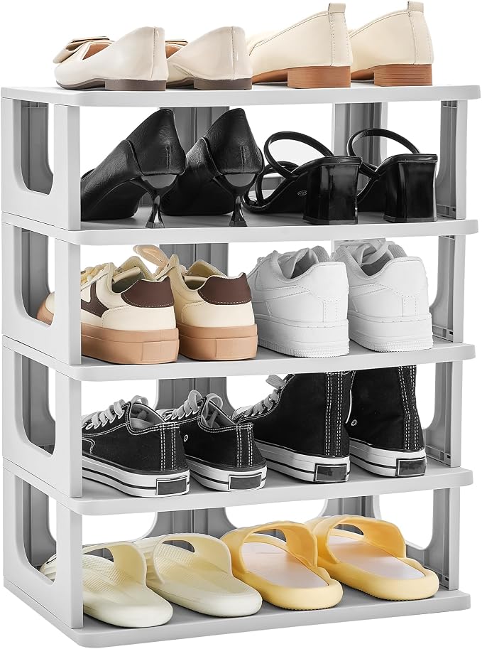 TRZZ 5-Tier Shoe Rack, Narrow Stackable Organizer, Grey | Removable Partition, Vertical Efficient Shoe Storage, for Closet, Entryway, Small Spaces