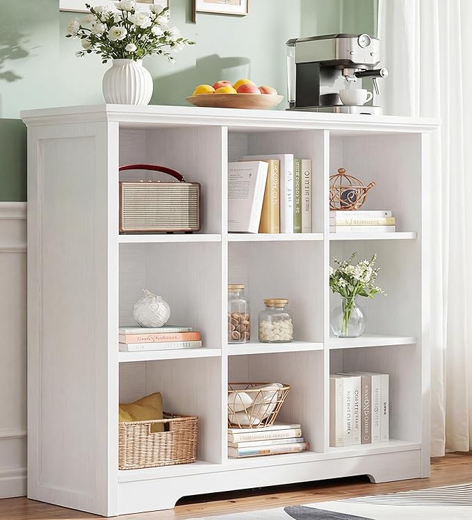 Aheaplus Wooden 9-Cube Storage Organizer with Charging Ports, Modern Cube Bookcase with Base, 4-Tier Floor Standing Open Cubbies Bookshelf, Cubicle Display Shelf for Home and Office, White
