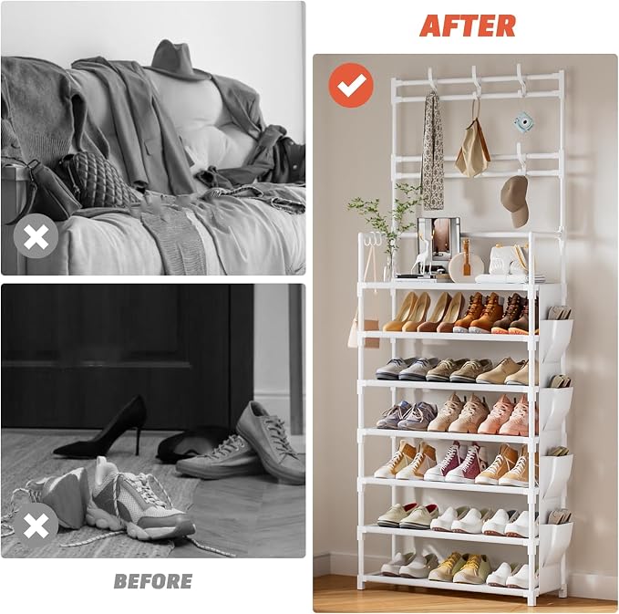 OYREL Shoe Rack 7 Tier Shoe Organizer Storage 21-28 Pairs | Closet Shoes Rack for Front Door Entrance Shoe Rack Organizer with Hooks Side Pocket Entryway Large Capacity Shoe Shelf Tower