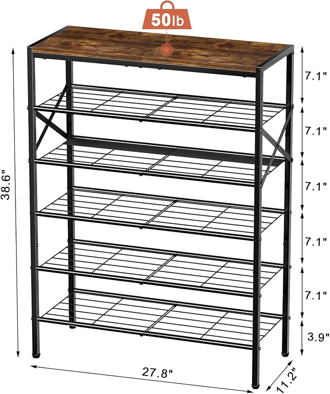6-Tier Metal Shoe Rack Organizer Shoe Storage for Entryway 18-24 Pairs Narrow Shoe Rack for Closet Heavy-Duty Shoe Rack with Wooden Top Shelf for Garage Rustic Brown