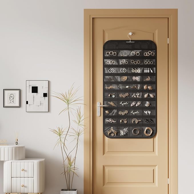 Hanging Jewelry Organizer 80-Pocket Double-Sided Storage, 1-Pack, Black | Foldable clear PVC 80-pocket storage; swivel hook fits walls, doors & rods to organize earrings, necklaces, bracelets & rings