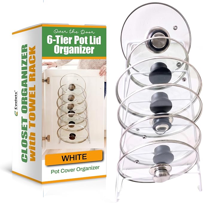 Evelots Pot Lid Organizer for Cabinet Door or Wall, 6-Slot Pot & Pan Lid Holder Rack, Steel Kitchen Cabinet & Pantry Storage Organizer for Glass and Metal Lids, White, 1 Pack