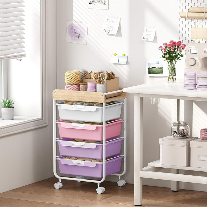 SYKIARIOL Rolling Craft Storage Cart with 4 Drawers,Utility Cart with Drawers,Art Craft Organizers and Storage,Kids Art Craft Cart With DIY Lable and Wooden Tabletop Area, Purple