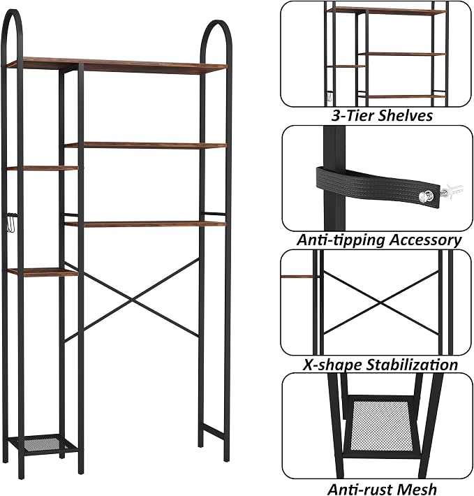 HOMEFORT Over The Toilet Storage with Side Rack, 6-Tier Over Toilet Storage Rack with Adjustable Shelf, Space Saver Bathroom Organizer for Laundry, Balcony, Kitchen,31.5"W x 9.4"D x 65"H,Rustic Brown
