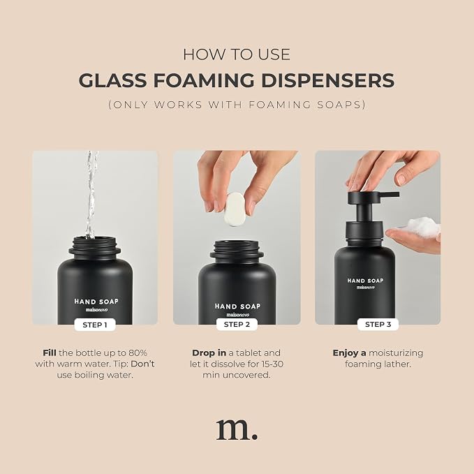MaisoNovo Glass Foaming Soap Dispenser 14 Oz | Glass Bottles Pumps x 2 Black