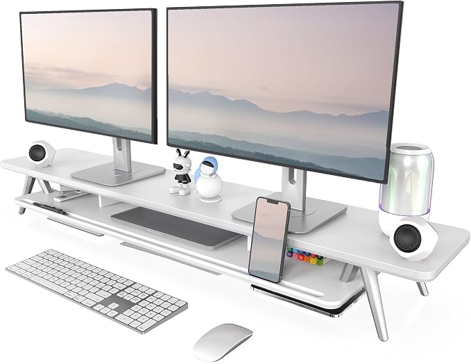 Fenge Dual Monitor Stand, Monitor Stands Riser for 2 monitors, 47.2 Inch Wood Desk Shelf with Storage Organizer and Cable Management for Office Desk Accessories