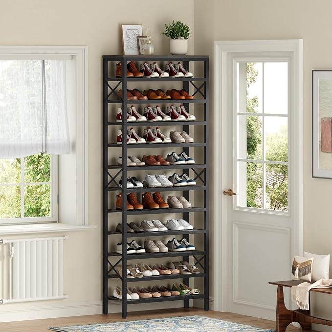 YATINEY 12-Tier Tall Shoe Rack Organizer, Wooden Shoe Storage for Closet Holds 48 Pairs, Sturdy Shoe Shelf with X-Shaped Metal Support, for Entryway, Bedroom, Charcoal and Black SS212BC