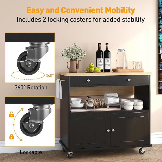 Rolling Kitchen Island with Folding Drop Leaf Breakfast Bar, 35.4'' W Kitchen Cart with Storage Cabinet and 2 Drawers, Portable Mobile Kitchen Island Table with Towel Rack, Lockable Wheels, Black